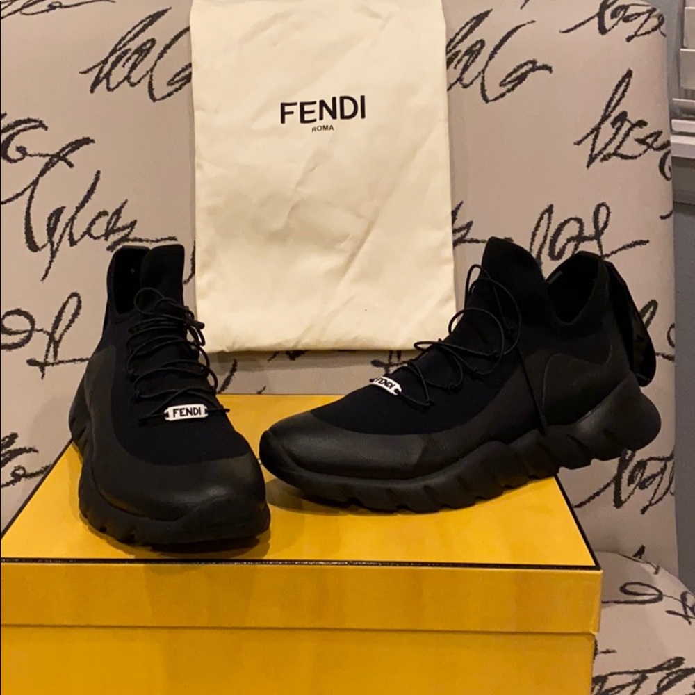 FENDI Black technical knit fabric high tops.